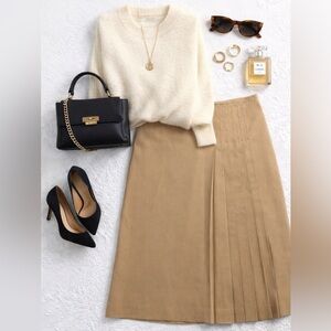 Apostrophe Essentials Tan Pleated Classic Luxury Midi Skirt Size 4